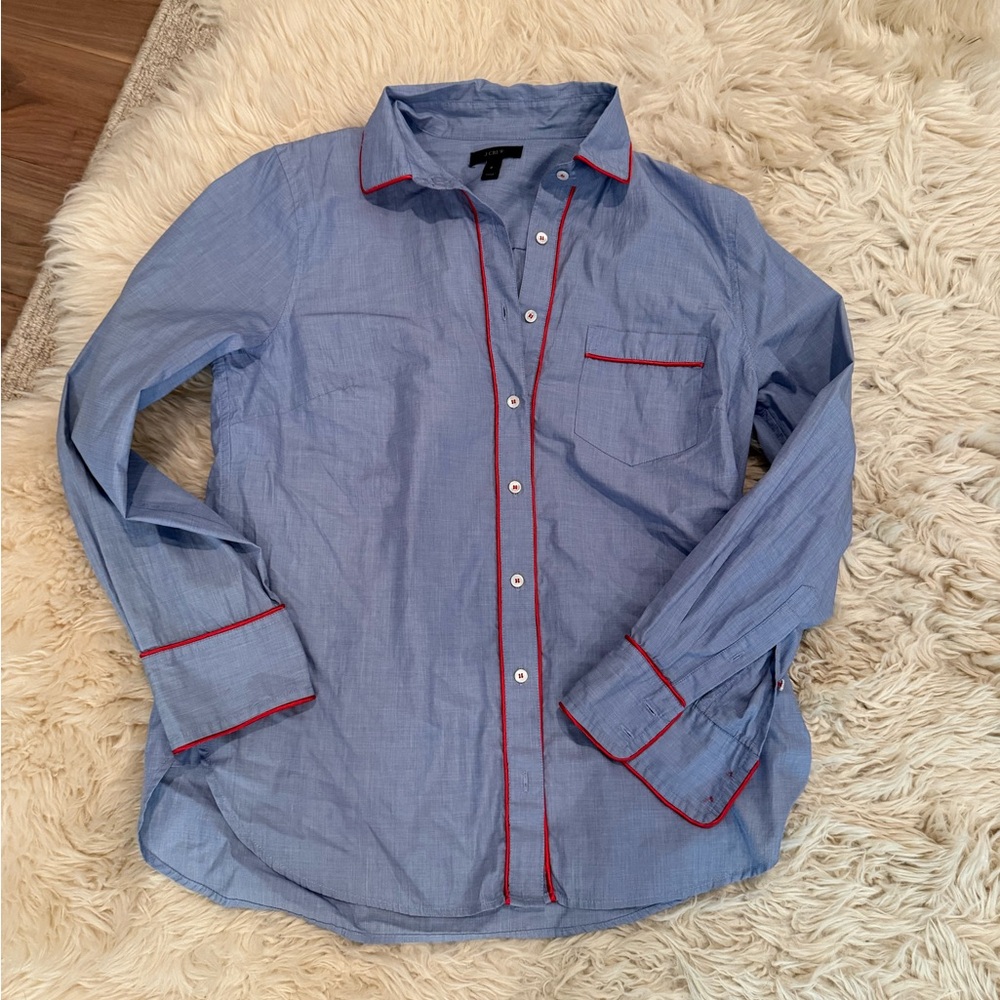 J crew 100% cotton contrast piping blue with red trim button up blouse women’s 8
